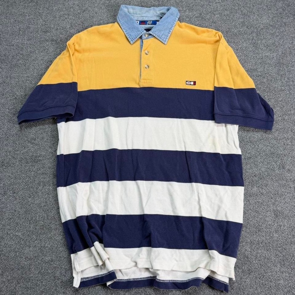 Vintage Van Heusen striped polo golf shirt size men's large yellow/navy